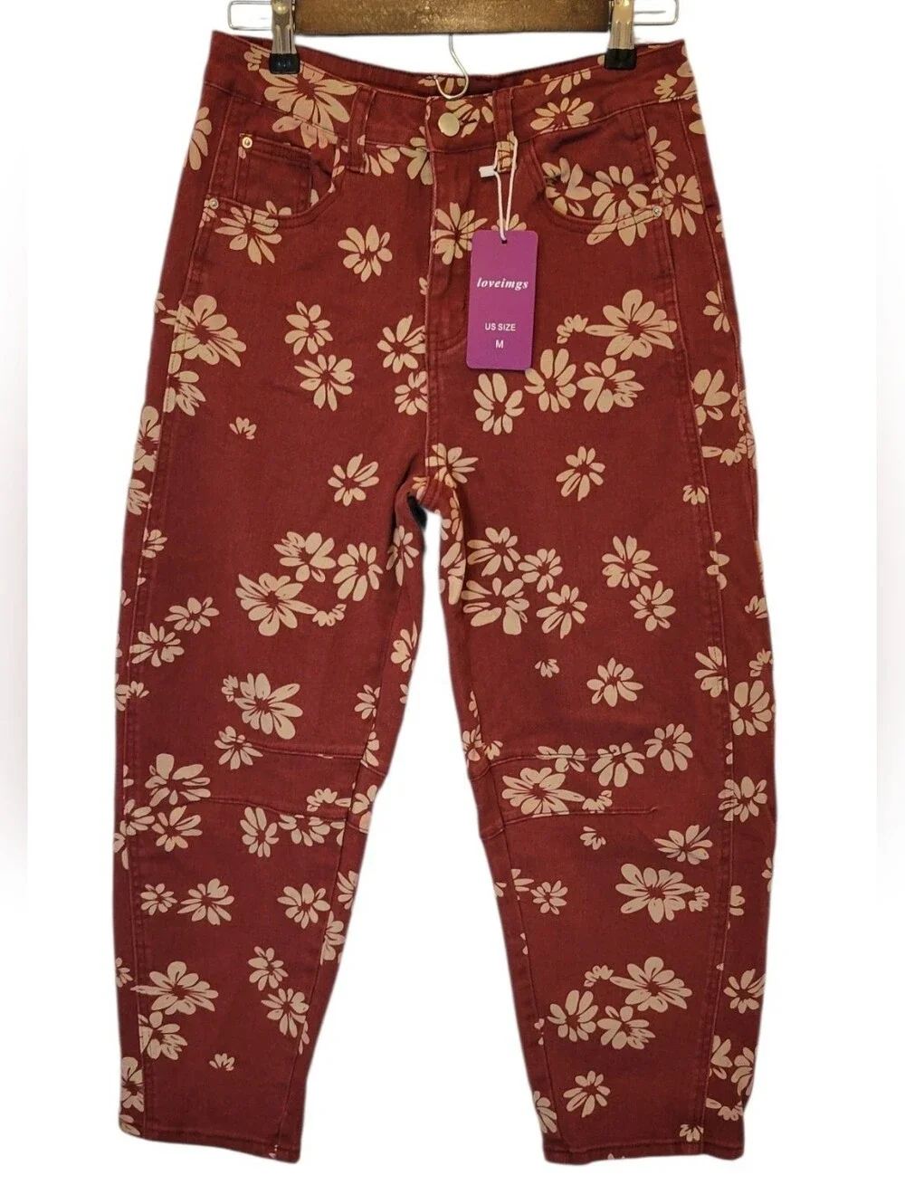Loveimgs Floral Barrel Leg Jeans Size M Rust Orange Cream Daisy Print Cottagecor - Picture 2 of 9